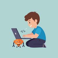 Boy programming robot laptop coding technology education digital learning illustration vector