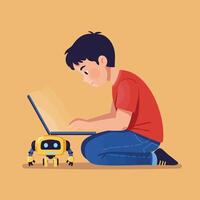 Young boy using laptop with small friendly robot companion technology digital learning scene illustration vector
