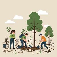 Group of People Planting Trees in Reforestation Activity with Shovels and Bucket Outdoors vector