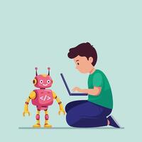 Young boy coding with pink robot learning programming technology and robotics illustration vector