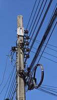 A telephone pole with many wires attached to it photo