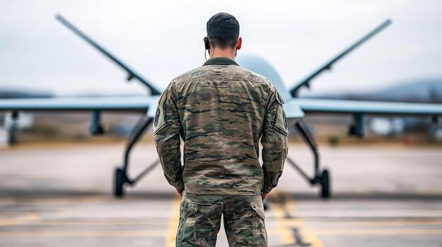 Drone Operator in Camouflage. Unmanned Aerial Vehicle Mission Ready on Runway, Preparing for Flight photo