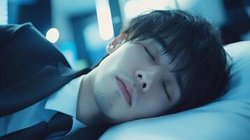 Man Sleeping Peacefully, Wearing Suit and Tie, Resting on Pillow, Nighttime Sleep. photo