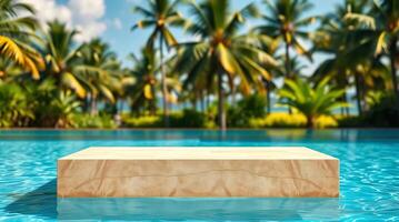 A wooden platform in the middle of a pool with palm trees photo