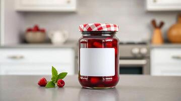 Raspberry jam in a jar with blank label on kitchen counter photo
