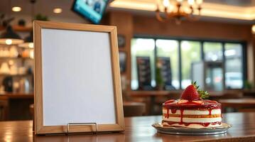 A cake with strawberries on top of it next to a blank sign photo