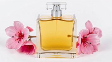 A perfume bottle with pink flowers on a white background photo