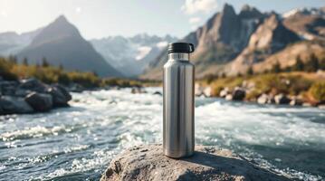 A stainless steel water bottle sitting on a rock in front of a mountain photo