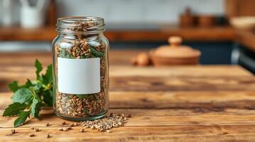 A jar with seeds and herbs on a wooden table photo