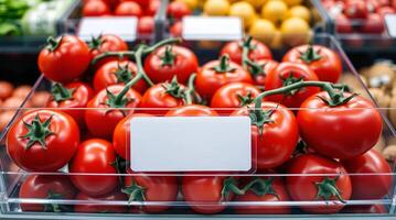 Tomatoes in plastic containers with labels on them photo