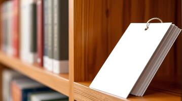 A blank book is sitting on a shelf in a library photo