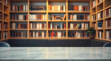 Empty table in library with bookshelves and chairs photo