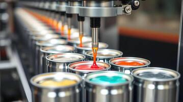A machine is filling cans with paint photo