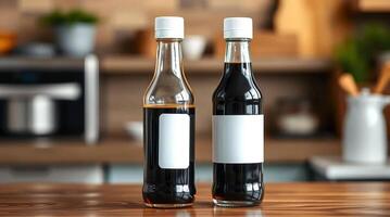 Two bottles of soy sauce on a wooden table photo