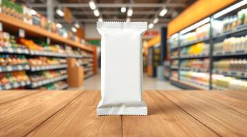 A white wrapper is sitting on a table in front of a grocery store photo