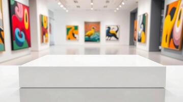 An empty white box in front of a large painting photo