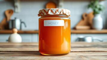 Honey jar on wooden table photo