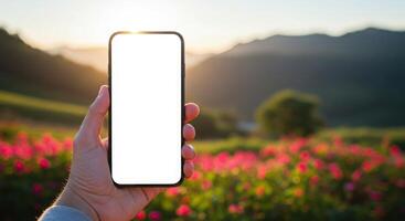 A hand holding a blank white smartphone in front of a field of flowers photo