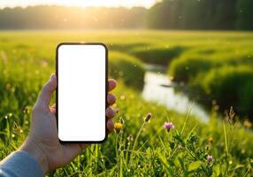 A hand holding a smartphone in a field with a river and a meadow at sunset photo