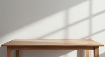 Empty Wooden Table Surface with Sunlight and Shadow Overlay photo