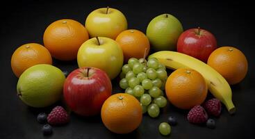 Vibrant Fruit Still Life A Colorful Array of Apples, Oranges, and Grapes photo