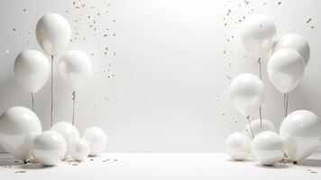 White festive room mockup scene with empty blank space for text, bright studio light, minimalistic party with balloons and confetti, elegant holiday Total white concept for trendy product placement photo
