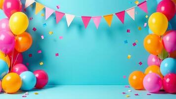 Festive mockup with a blank space for text, blue celebration empty room concept of boy birthday party with colorful balloons, flag and confetti for product presentation, bright wall on background photo