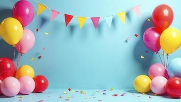 Blank space festive mockup, empty space for text, blue celebration room concept for boy birthday party with colorful balloons, flag and confetti for product presentation, bright wall on background photo