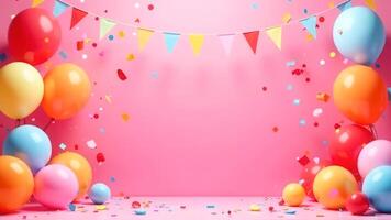 Festive mockup with a blank space for text, bright red wall on background, pink celebration empty room concept of girl birthday party with colorful balloons, flag and confetti for product presentation photo