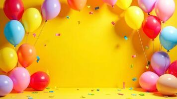 Birthday party room concept mockup with a blank space for text and framed by colorful balloons and confetti for adding promotional messages or event invitations, bright yellow wall on background photo