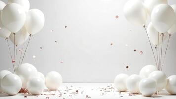 Festive room mockup scene with empty blank space for text, minimalistic birthday party with balloons and confetti, bright studio light, elegant holiday Total white concept for trendy product placement photo
