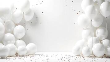 White festive empty room mockup scene with a blank space for text, minimalistic party with white balloons and golden confetti, elegant Surprise holiday Total white concept, bright studio light photo