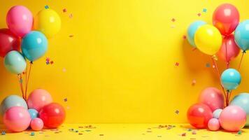 Birthday party room scene mockup with Festive atmosphere, blank space for text on the vibrant yellow wall, colorful balloons and confetti for product presentation or congratulations photo