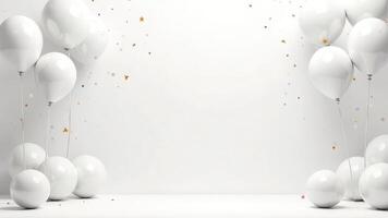 Total white festive empty room mockup scene with a blank space for text, minimalistic party style with white balloons and golden confetti, elegant Surprise holiday concept, white on white studio light photo