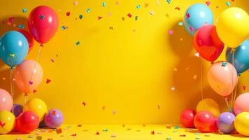 Festive mockup with a blank space for text, celebration room concept of birthday party atmosphere with colorful balloons and confetti for product presentation, bright yellow wall on background photo