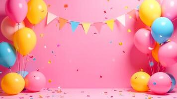 Festive mockup with a blank space for text, pink celebration empty room concept of girl birthday party with colorful balloons, flag and confetti for product presentation, bright red wall on background photo