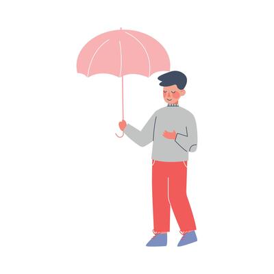 Cute Boy Walking with Umbrella, Child Standing under the Rain Illustration