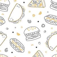 Fast Food Seamless Pattern, Restaurant or Cafe Menu Design Element Can Be Used for Fabric, Wallpaper, Packaging, Background Linear Illustration vector
