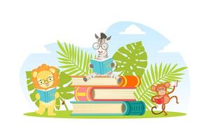 Cute Jungle Animals in Glasses Sitting on Pile of Books, Zebra, Lion and Monkey Characters Reading Books Cartoon Illustration vector