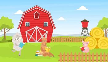 Beautiful Summer Rural Landscape with Green Field, Red Barn and Farm Humanized Animals Reading Books Cartoon Illustration vector
