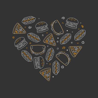 Fast Food Banner Template, Junk Food od Heart Shape, Restaurant or Cafe Menu Design Linear Illustration