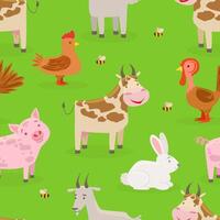 Seamless Pattern of Cute Farm Animals on Green Meadow, Design Element Can Be Used for Fabric, Wallpaper, Website, Background Illustration vector