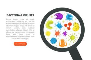Bacteria and Viruses Landing Page Template, Magnifying Glass with Microorganisms and Pathogens, Medical, Hygienic, Science Website Illustration vector