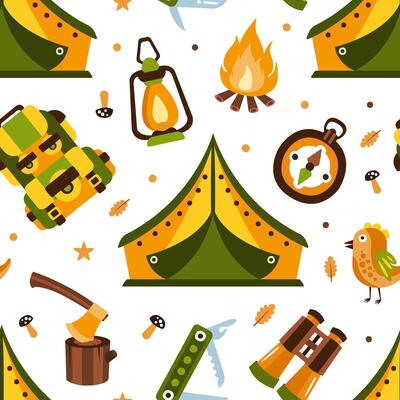 Camping Seamless Pattern with Hiking Equipment, Summer Adventures Design Element Can Be Used for Wallpaper, Packaging, Background Cartoon Illustration