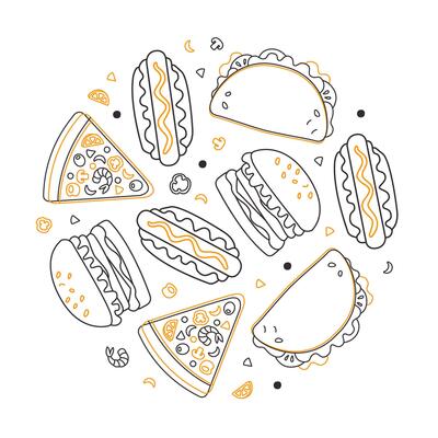 Fast Food Banner Template, Junk Food od Round Shape, Restaurant or Cafe Menu Design Linear Illustration