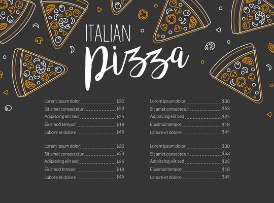 Italian Pizza Menu Template, Pizzerias, Restaurant or Cafe Brochure, Delicious Food Menu Cover Layout Linear Illustration