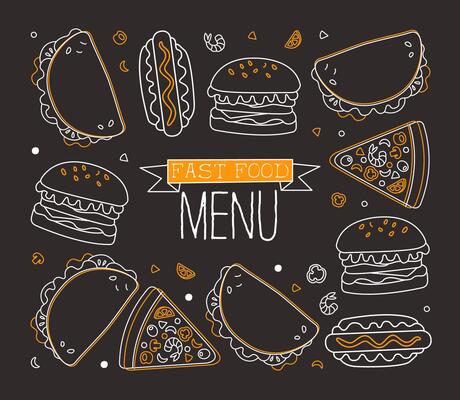 Fast Food Menu Banner Template with Burger, Pizza, Hot Dog, Tacos, Restaurant or Cafe Design Element Linear Illustration