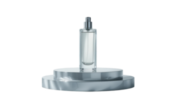 Elegant Perfume Bottle on a Sleek Silver Marble Display Stand, Modern Product Photography png