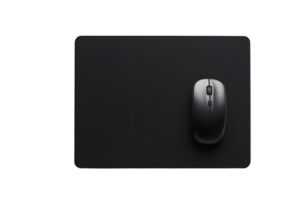 Side view of blank black computer mat for mouse, showcasing sleek, smooth surface for precision use. png