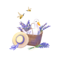 White goose or duck is sitting in a basket with lavender, hat with ribbon from straws and flying bees. Country life concept, vintage rustic charm, good for print, poster, card or background. png